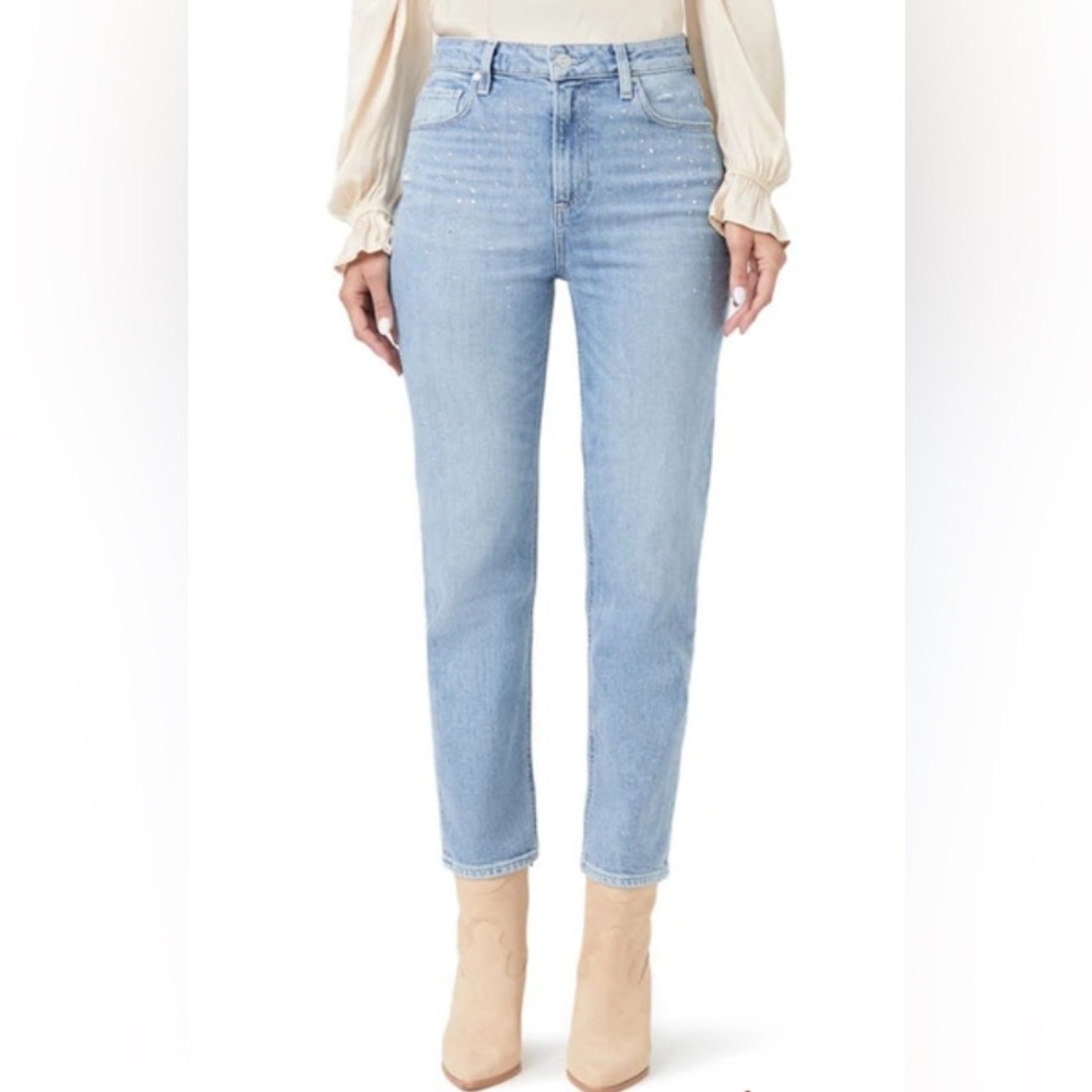 PAIGE Straight Leg Jeans in Light Wash with embellishing around pockets - Picture 2 of 4